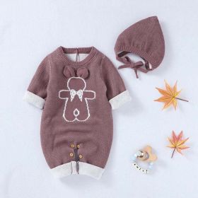 Baby Cartoon Bunny Embroidered Graphic Solid Warm Rompers With Hat (Color: Coffee, Size/Age: 90 (12-24M))