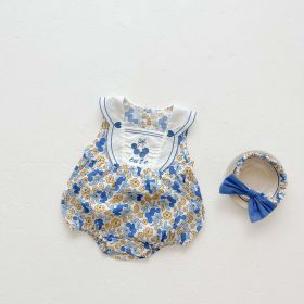 Baby Girl Floral Print Pattern With Headband Sleeveless Onesie (Color: Blue, Size/Age: 90 (12-24M))