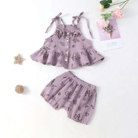 Baby Girl Printed Pattern Ruffle Design Sleeveless Top Combination Shorts Set (Color: purple, Size/Age: 100 (2-3Y))