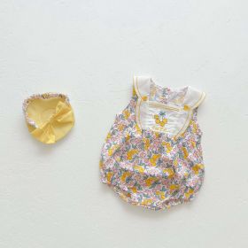 Baby Girl Floral Print Pattern With Headband Sleeveless Onesie (Color: yellow, Size/Age: 80 (9-12M))