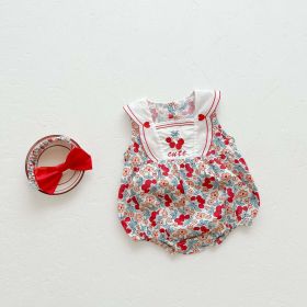 Baby Girl Floral Print Pattern With Headband Sleeveless Onesie (Color: Red, Size/Age: 66 (3-6M))