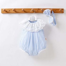 Baby Girl Stripped Pattern Ruffles Collar Onesie (Color: Blue, Size/Age: 66 (3-6M))