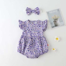 Baby Girl Floral Print Onesies With Headband In Summer Outfit Wearing (Color: purple, Size/Age: 73 (6-9M))