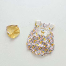 Baby Girl Floral Print Pattern With Headband Sleeveless Onesie (Color: yellow, Size/Age: 90 (12-24M))