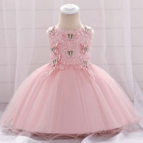 Baby Girl Butterfly Patched Graphic Sleeveless Western Style Baptism Birthday Dress (Color: Light Pink, Size/Age: 90 (12-24M))