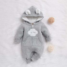 Baby Cartoon Cloud Pattern Zipper Front Solid Color Fleece Rompers With Hat (Color: Grey, Size/Age: 90 (12-24M))