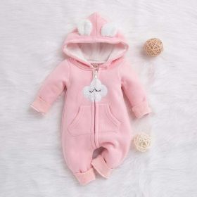 Baby Cartoon Cloud Pattern Zipper Front Solid Color Fleece Rompers With Hat (Color: pink, Size/Age: 100 (2-3Y))