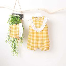 Baby Girl Grid Pattern Ruffles Collar Sleeveless Romper (Color: yellow, Size/Age: 80 (9-12M))