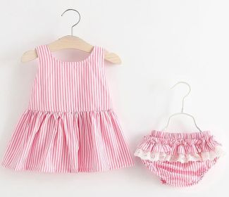 Baby Girl Striped Pattern Dress Combo Short Pants In Sets (Color: pink, Size/Age: 90 (12-24M))