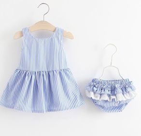 Baby Girl Striped Pattern Dress Combo Short Pants In Sets (Color: Blue, Size/Age: 73 (6-9M))