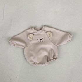 Baby Bear Print Pattern Ears Patch Design Hoodie Onesies (Color: Grey, Size/Age: 80 (9-12M))