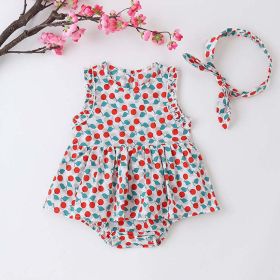 Baby Girl Cherry Print Sleeveless Onesies With Headband (Color: Red, Size/Age: 90 (12-24M))