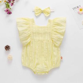 Baby Girl Solid Color Square Collar Design Short-Sleeved Onesies With Headband In Summer Outside Wearing (Color: yellow, Size/Age: 80 (9-12M))