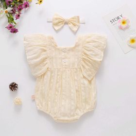 Baby Girl Solid Color Square Collar Design Short-Sleeved Onesies With Headband In Summer Outside Wearing (Color: Beige, Size/Age: 80 (9-12M))