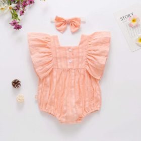 Baby Girl Solid Color Square Collar Design Short-Sleeved Onesies With Headband In Summer Outside Wearing (Color: pink, Size/Age: 80 (9-12M))