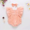 Baby Girl Solid Color Square Collar Design Short-Sleeved Onesies With Headband In Summer Outside Wearing