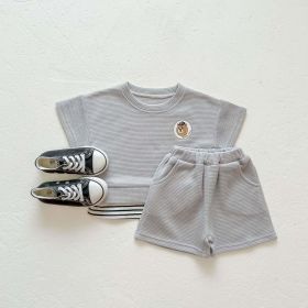 Baby Boys And Girls Bear Print Pattern Solid Color Design Round Neck Short-Sleeved Top Combo Shorts Sets (Color: Grey, Size/Age: 80 (9-12M))