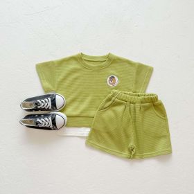 Baby Boys And Girls Bear Print Pattern Solid Color Design Round Neck Short-Sleeved Top Combo Shorts Sets (Color: green, Size/Age: 100 (2-3Y))