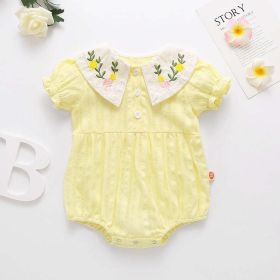 Baby Girl Floral Embroidery Design Solid Color Summer Short-Sleeved Onesies In Summer Outside Wearing (Color: yellow, Size/Age: 90 (12-24M))