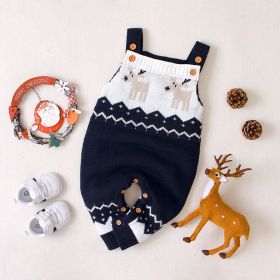 Baby Christmas Elk Pattern Srappy Design Sweater Rompers (Color: navy blue, Size/Age: 90 (12-24M))