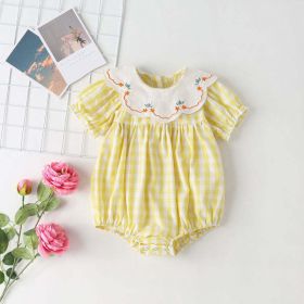 Baby Girl Plaid Pattern Floral Embroidery Round Collar Short-Sleeved Onesies (Color: yellow, Size/Age: 66 (3-6M))