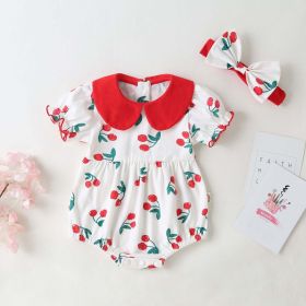 Baby Girl Cherry Print Pattern Round Collar Short-Sleeved Onesies In Summer Outfit Wearing (Color: Red, Size/Age: 80 (9-12M))