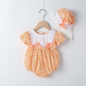 Baby Girl Floral Pattern Lace Patchwork Round Collar Short-Sleeved Colorful Cotton Onesies With Hat (Color: orange, Size/Age: 66 (3-6M))