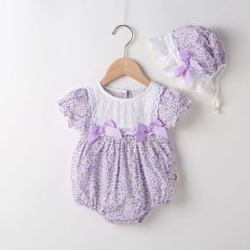 Baby Girl Floral Pattern Lace Patchwork Round Collar Short-Sleeved Colorful Cotton Onesies With Hat (Color: purple, Size/Age: 90 (12-24M))