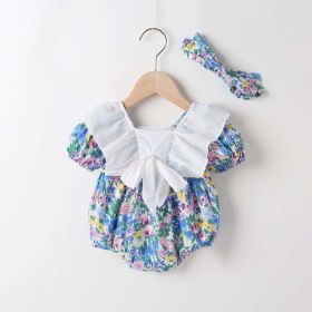 Baby Girl Floral Pattern White Bow Patchwork Square Neck Short Sleeve Onesies (Color: Blue, Size/Age: 66 (3-6M))