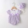 Baby Girl Floral Pattern Lace Patchwork Round Collar Short-Sleeved Colorful Cotton Onesies With Hat