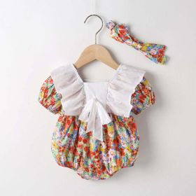 Baby Girl Floral Pattern White Bow Patchwork Square Neck Short Sleeve Onesies (Color: Red, Size/Age: 80 (9-12M))