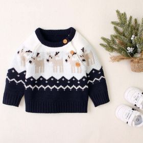 Baby Cartoon Christmas Deer Pattern Shoulder Button Design Knitted Pullover Sweater (Color: navy blue, Size/Age: 100 (2-3Y))