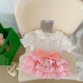 Baby Girl Solid Blouses Plaid Pattern Princess Skirt Sets (Color: pink, Size/Age: 100 (2-3Y))