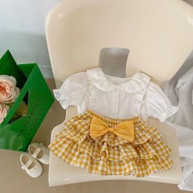 Baby Girl Solid Blouses Plaid Pattern Princess Skirt Sets (Color: yellow, Size/Age: 66 (3-6M))