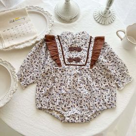 Baby Girl Floral Pattern Chinese Style Snap Buckle Design Bodysuit (Color: brown, Size/Age: 80 (9-12M))