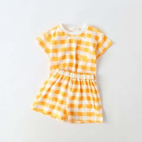 Baby 1pcs Plaid & Heart Pattern Tee Combo Shorts Simply Style Sets (Color: yellow, Size/Age: 90 (12-24M))