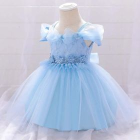 Newborn Baby Girl Birthday Baptism Dress One Shoulder Puff Sleeves Princess Dress (Color: Blue, Size/Age: 73 (6-9M))