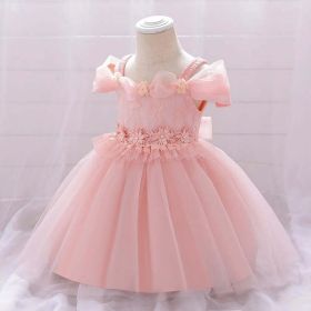 Newborn Baby Girl Birthday Baptism Dress One Shoulder Puff Sleeves Princess Dress (Color: pink, Size/Age: 80 (9-12M))