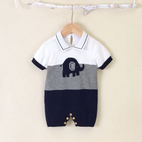 Baby Boy 1pcs Elephant Embroidered Graphic Contrast Design Crotch Romper (Color: Grey, Size/Age: 73 (6-9M))