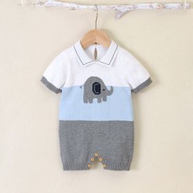 Baby Boy 1pcs Elephant Embroidered Graphic Contrast Design Crotch Romper (Color: Blue, Size/Age: 100 (2-3Y))