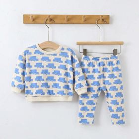 Baby All Over Print Pattern Hoodies Combo Pants Sets (Color: Blue, Size/Age: 80 (9-12M))