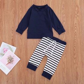 Baby Boy 1pcs Solid Color Hoodie Combo Striped Pattern Trousers Sets (Color: Blue, Size/Age: 90 (12-24M))