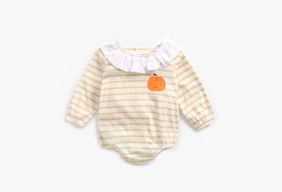 Baby 1pcs Cartoon Orange Print Striped Pattern Ruffle Neck Onesies (Color: yellow, Size/Age: 80 (9-12M))