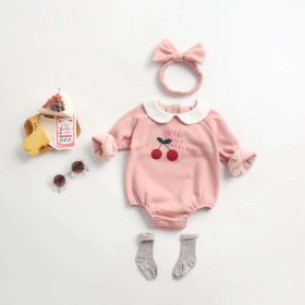 Baby Girl 1pcs Cherry & Slogan Pattern Doll Neck Longsleeve Onesies (Color: pink, Size/Age: 90 (12-24M))