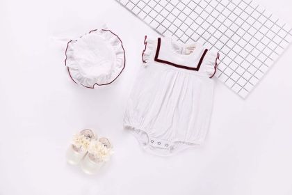 Baby 1pcs Contrast Tape Patched Frill Trim Sleeveless Onesies & Hat (Color: White, Size/Age: 80 (9-12M))