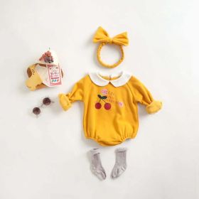 Baby Girl 1pcs Cherry & Slogan Pattern Doll Neck Longsleeve Onesies (Color: yellow, Size/Age: 73 (6-9M))