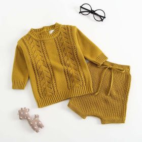 Baby Solid Color Hollow Carved Design Knitwear Sets (Color: yellow, Size/Age: 66 (3-6M))