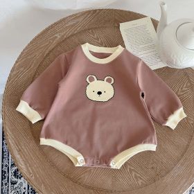 Baby Girl Cartoon Bear Print Pattern Long Sleeve Triangle Bodysuit (Color: Coffee, Size/Age: 80 (9-12M))