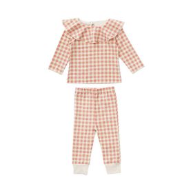 Baby Cartoon & Plaid Pattern Ruffle Neck Design Long Sleeve Sets (Color: Light Pink, Size/Age: 73 (6-9M))