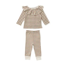 Baby Cartoon & Plaid Pattern Ruffle Neck Design Long Sleeve Sets (Color: brown, Size/Age: 90 (12-24M))